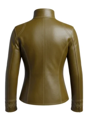 Decorative Buckle Green Leather Jacket