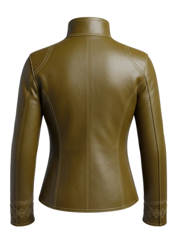 Decorative Buckle Green Leather Jacket