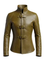 Decorative Buckle Green Leather Medieval Style Jacket