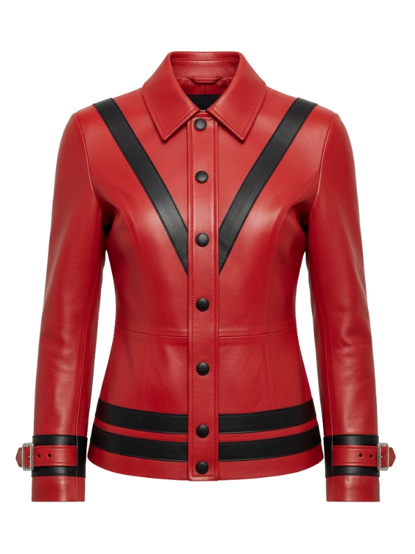 Elegant Classic Red Leather V Stripe Jacket