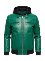 Hooded Green Leather Bomber Jacket